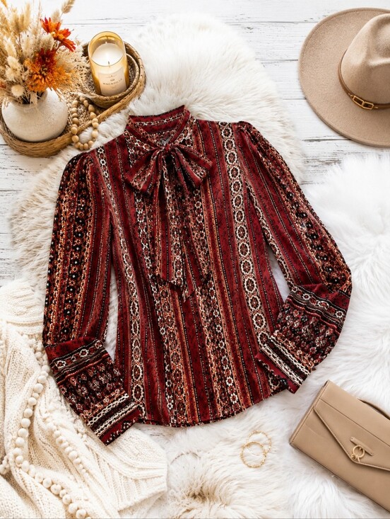 LOFT Tops - LOFT Bow Tie Neck Blouse | XL | Red Boho Print | Long Sleeve | Like New | Boho
